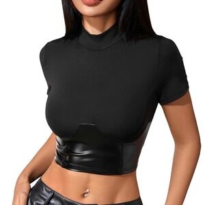 NWOT MakeMeChic Womens Black PU Leather Crop Top Short Sleeve‎ Mock Neck Y2K Lg